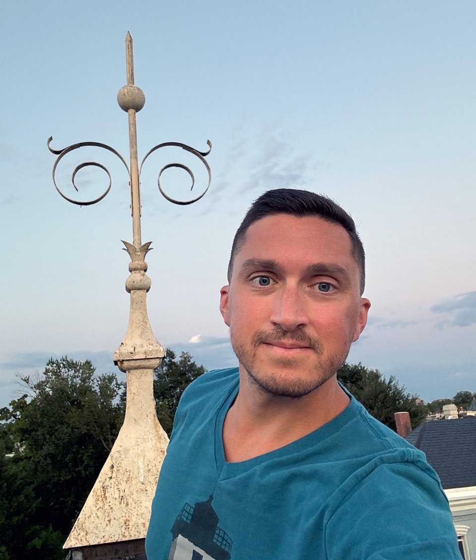 The author and a roof finial.