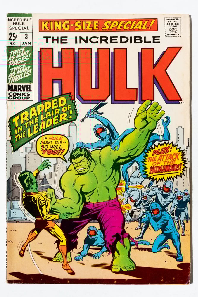 The cover of Incredible Hulk King-Size Special 3. Hulk is battling a bunch of blue "Humanoids" as he holds the Leader in one hand