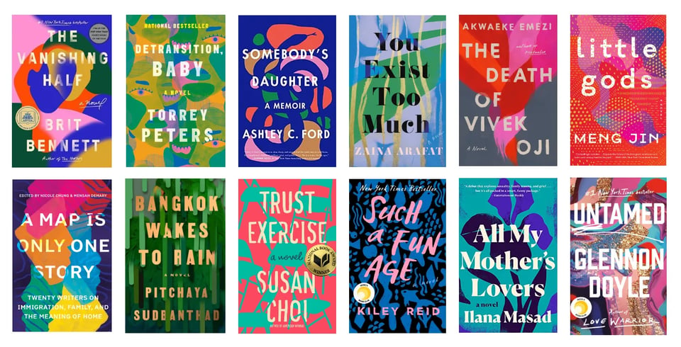 A series of book covers, all sporting brightly colorful, abstract art.