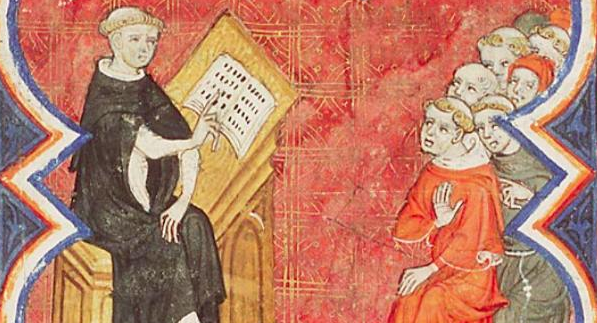 medieval manuscript image of teacher and students