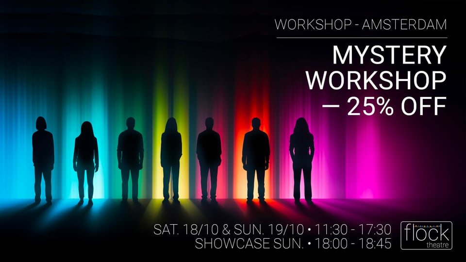 7 acteurs van wie we alleen de silhouetten zien op een kleurrijke achtergrond