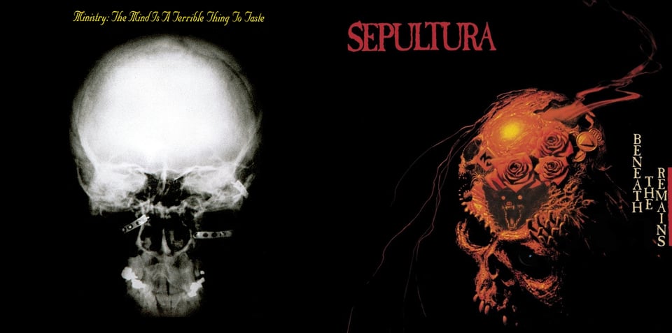 First pic: On a black background, an X-ray of a human skull. There appear to be metal bracers or attachments of some kind within the flesh of the head, two near the nasal area and one on the right side near where the ear would be. Second pic: A painting of a human skull, missing the jaw, done in a way to suggest red lighting, but with many surrealistic touches, including but not limited to: there are roses in the top of the skull, the suggestion of the sun's reflection, cactus or fungi growing out of the side, a screaming bat in the forehead. It appears there is an intact eye in one of the sockets. The top of the skull has a large cracked gap in it, and smoke is wisping out. The intended emotion is dread and horror, and it succeeds.