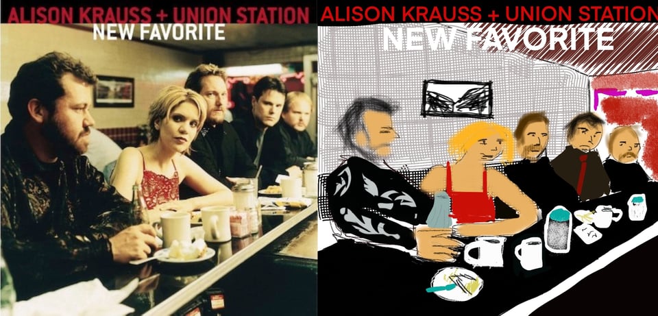 Alison Krauss, a white woman with short blonde hair, and her band Union Station, four white men, sit at a restaurant counter with dishes and coffee cups about like they just finished breakfast. Krauss wears a red dress and looks at the camera. The four band members wear black and some look at the camera and some don't.