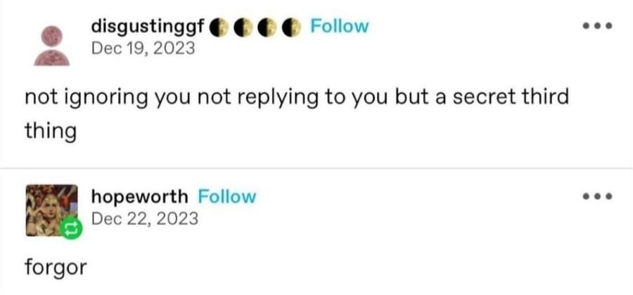 tumblr post from disgustinggf: "not ignoring you not replying to you but a secret third thing." Reply from hopeworth: "forgor"