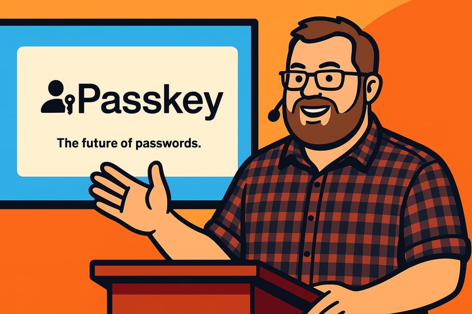 A vibrant, flat-color cartoon shows a bearded man with glasses and a headset speaking at a podium, gesturing toward a presentation screen. The screen displays the Passkey logo