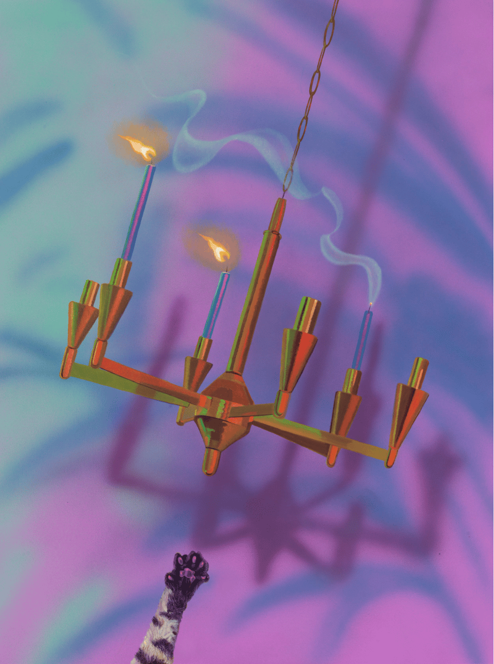 A stylized painting of a chandelier with some candles blown out. A cat's paw reaches up from outside of the frame.