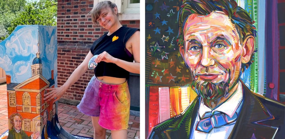 left: photo of a person gesturing to a painting on a sculpture with a brick wall in the background; right: painted portrait of Abraham Lincoln with a rainbow flag