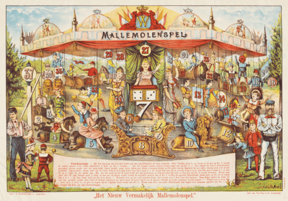 Scan from the book "Goose and the Machine", showing an old Dutch board game board from the 18th century.