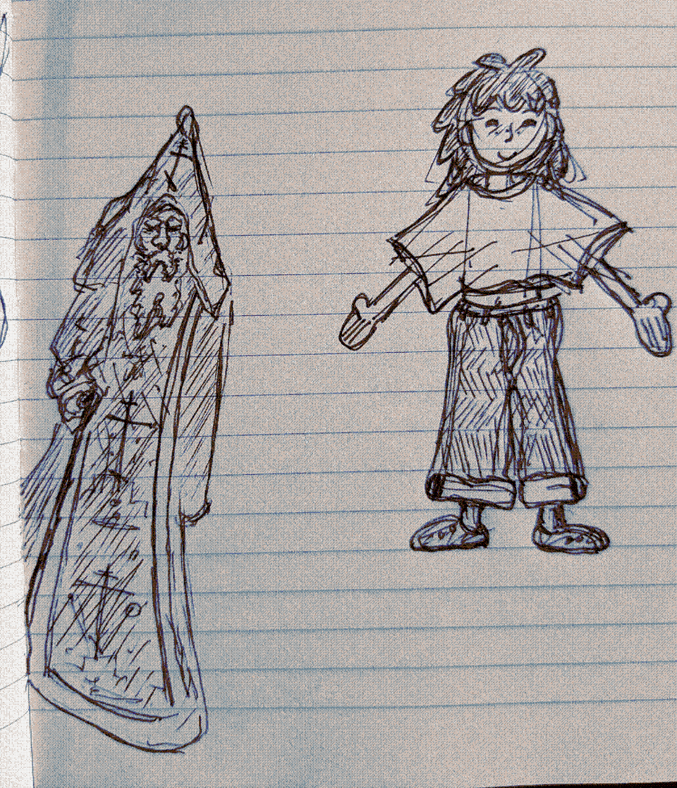 Two doodles: one of an elderly Russian Orthodox monk, and another of an androgynous character sporting a smile, a mullet, baggy crop top, and cuffed wide-leg jeans.