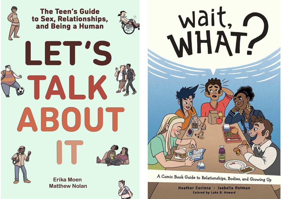 the covers of "let's talk about it" and "wait, what?"