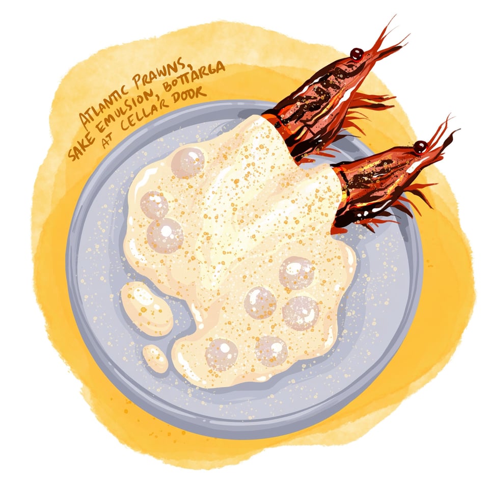 A drawing of two large prawns blanketed in a sake emulsion