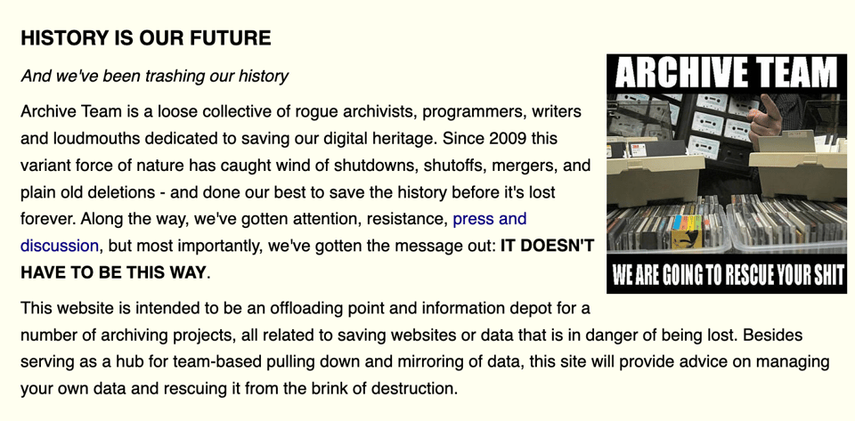 [A screenshot of the introduction of the Wiki, which begins: HISTORY IS OUR FUTURE. And we’ve been trashing our history.]