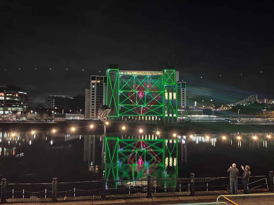 The Baltic in Newcastle, with a series of green calibration rectangles on it, demonstrating the zoning capabilities of Liberation