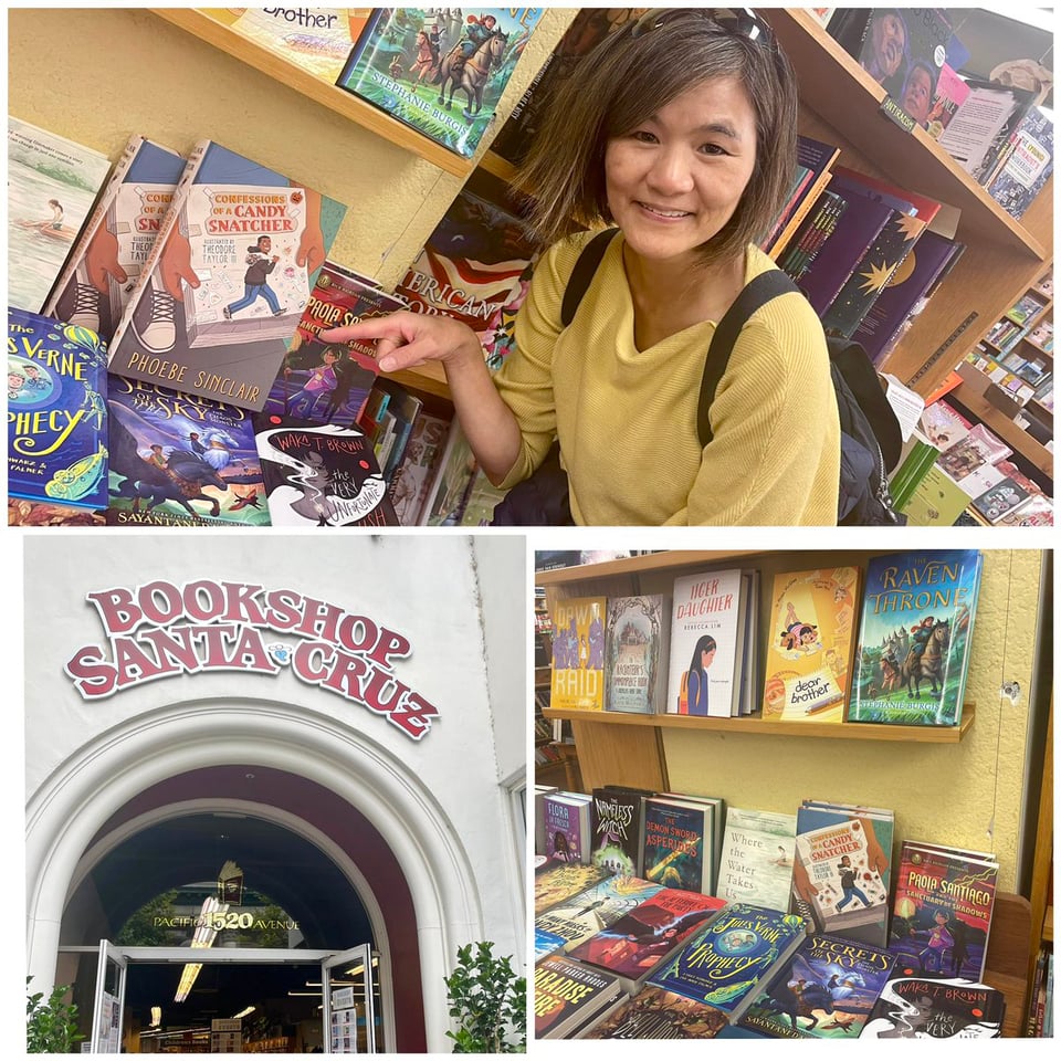 woman pointing to novel on a table among other books at an indie bookshop