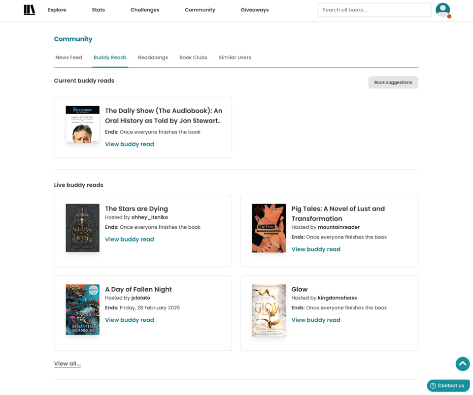 StoryGraph Community page with the Buddy Reads tab selected. It lists current and live buddy reads, including titles like The Daily Show (The Audiobook) and The Stars Are Dying, with host names and “View buddy read” buttons.