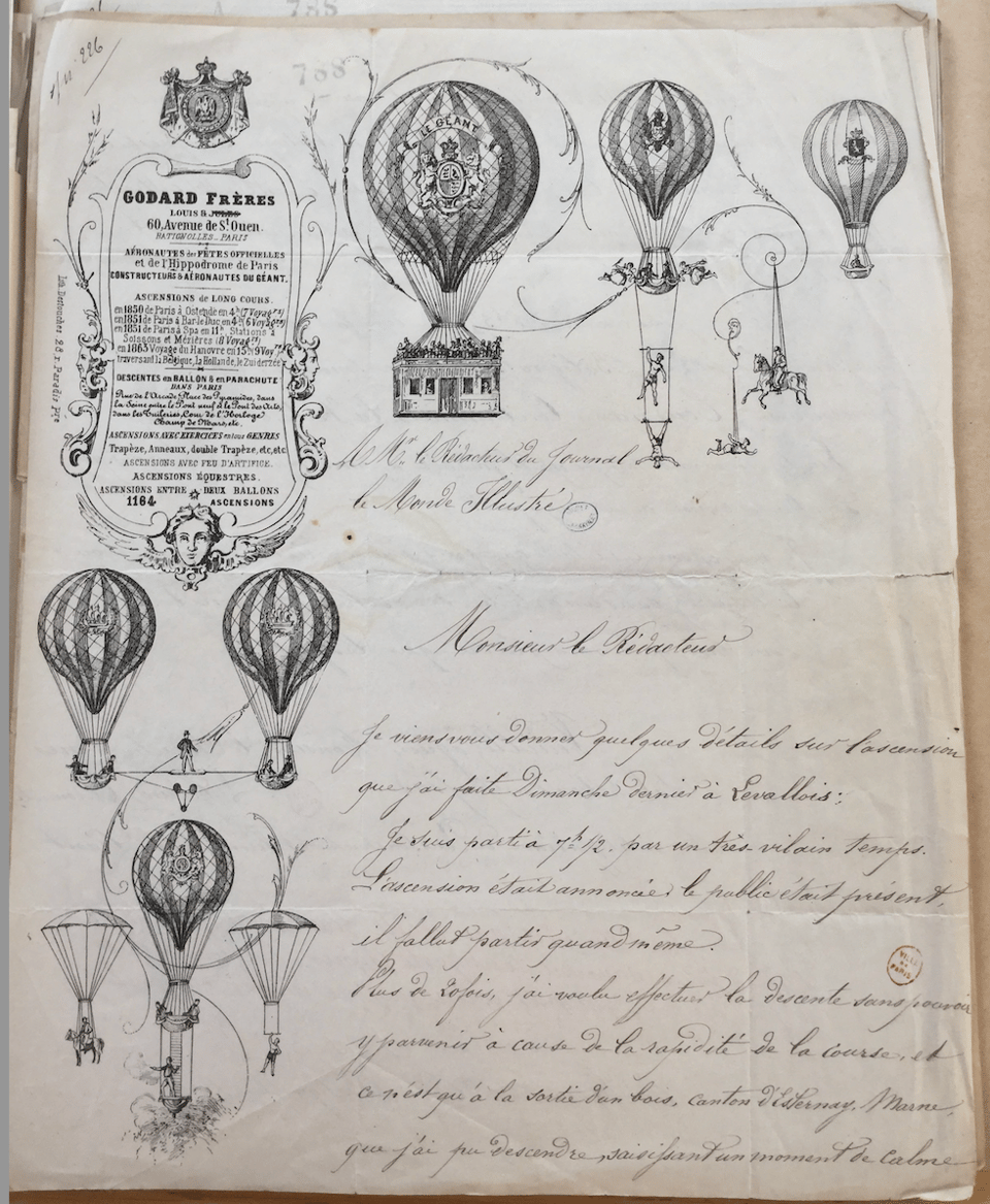 A letter with printed letterhead in black. Hot air balloons figure prominently along with a list of the accomplishments of the Godard brothers.