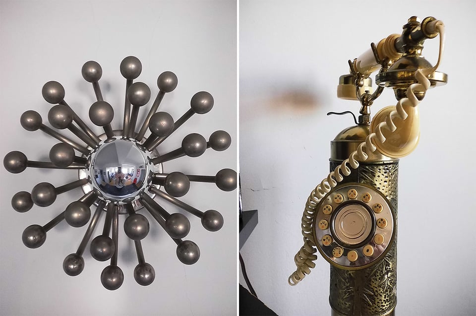 2 images: left a sorta of star-like wall sconce, right a weird old-style pushbutton telephone.