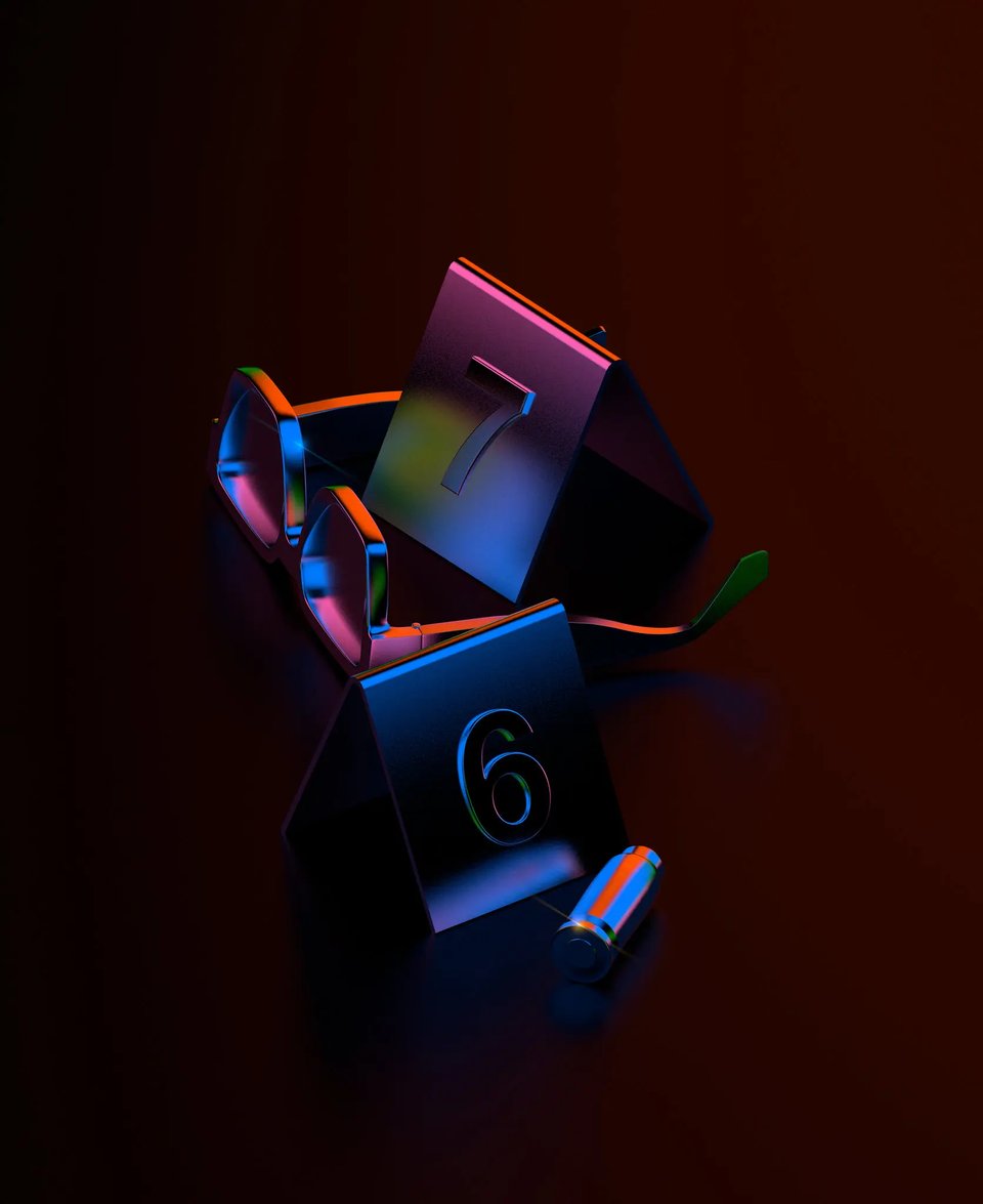 image of a shell casing, sunglasses, and placards with the numbers 7 and 6 on them