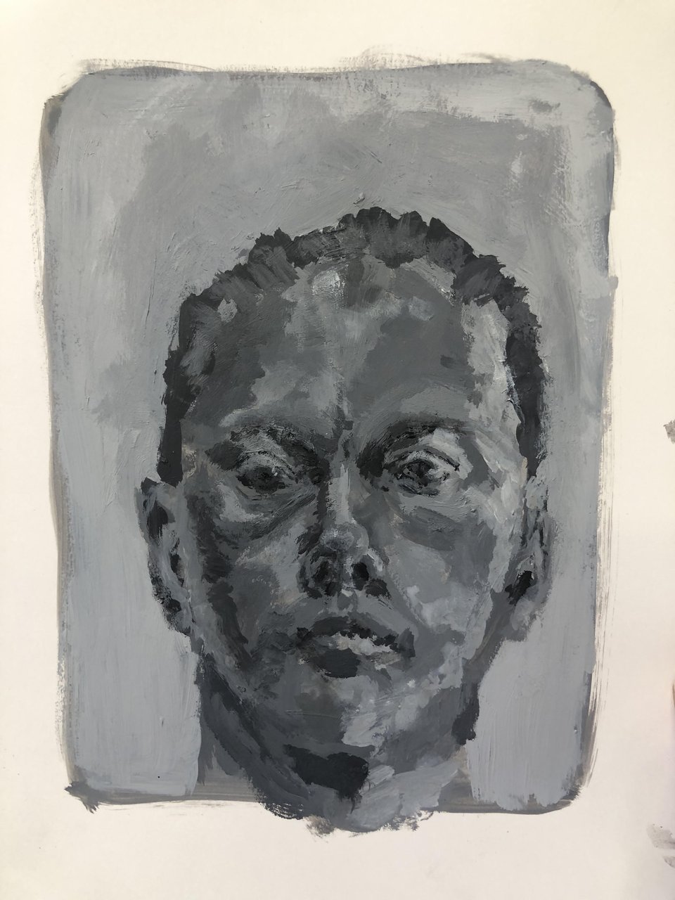 In which a white person looks straight at the viewer, painted in tones of gray.