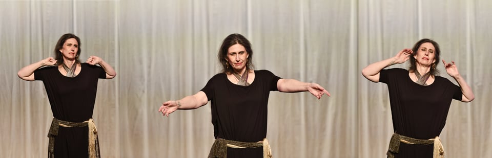 A triptych of photos of a person dancing