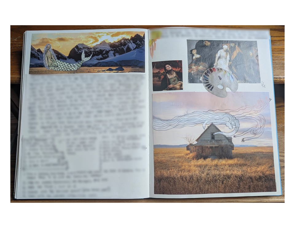 Journal pages with collaged images and sketches. The words have been blurred out for privacy.
