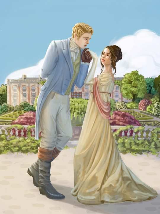 White/european male and female couple in Regency dress stand on a paved area in front of a formal garden. In the distance is a manor house. The man, on the left,has blond hair and wears a blue tailcoat, buff breeches, and topboots. The woman, on right, wears a beige-yellowish empire waist dress. She has dark hair and faint smallpox scars.