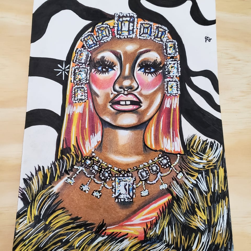 A vibrant illustration of a woman with striking makeup and elaborate jewelry, framed by bold black and white patterns.