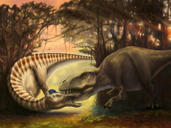 An artistic representation of a swampy Cretaceous landscape. A green Tyrannosaurus rex is biting the face of a duckbilled dinosaur, Edmontosaurus, which is honking in alarm and pain.