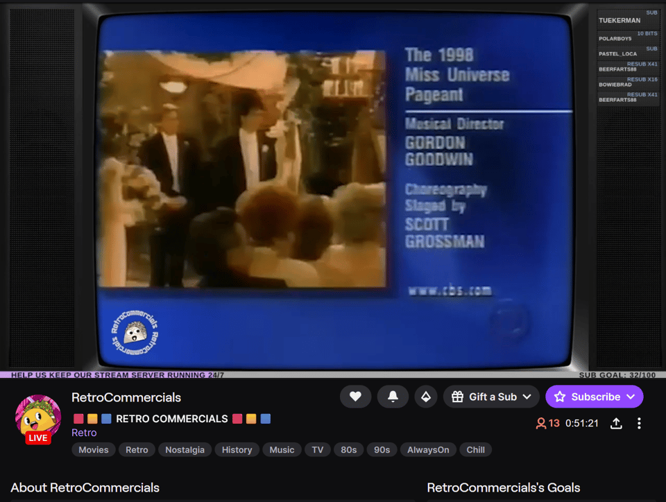 A screenshot of the RetroCommercials channel on Twitch, featuring an image of the closing credits of the 1998 Miss Universe Pageant.