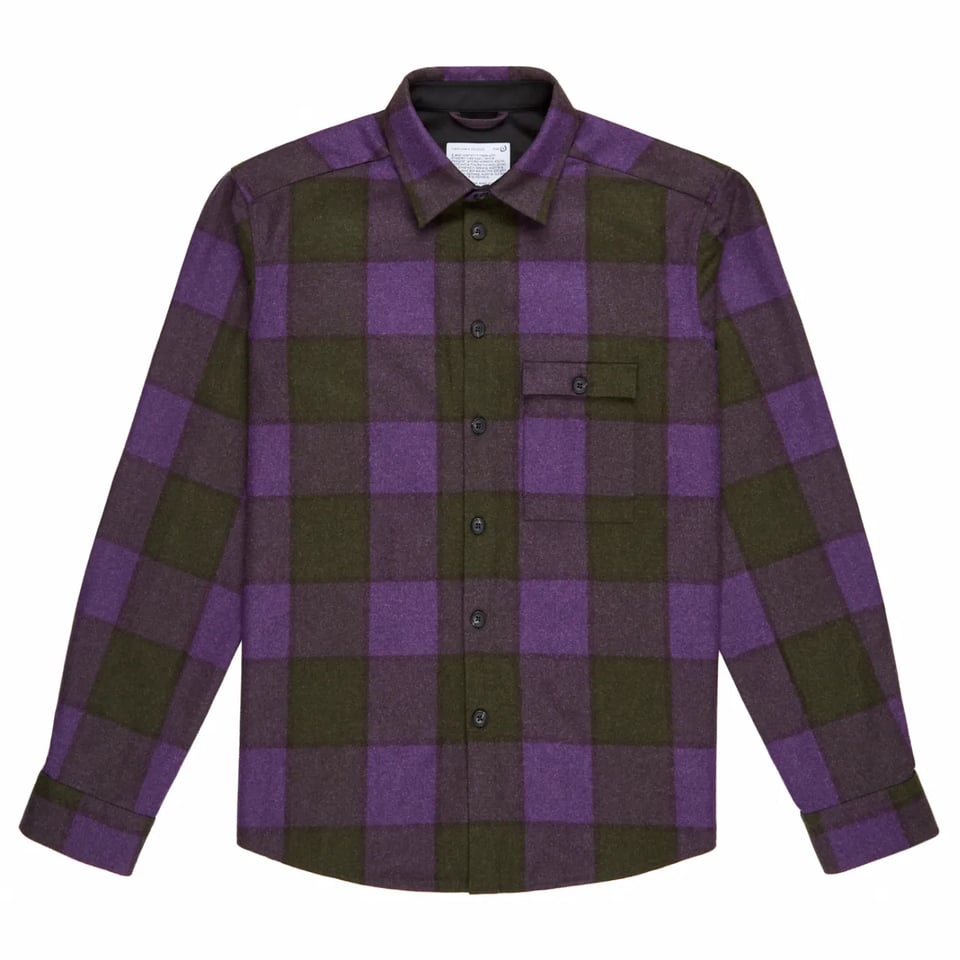A violet and green, merino wool overshirt