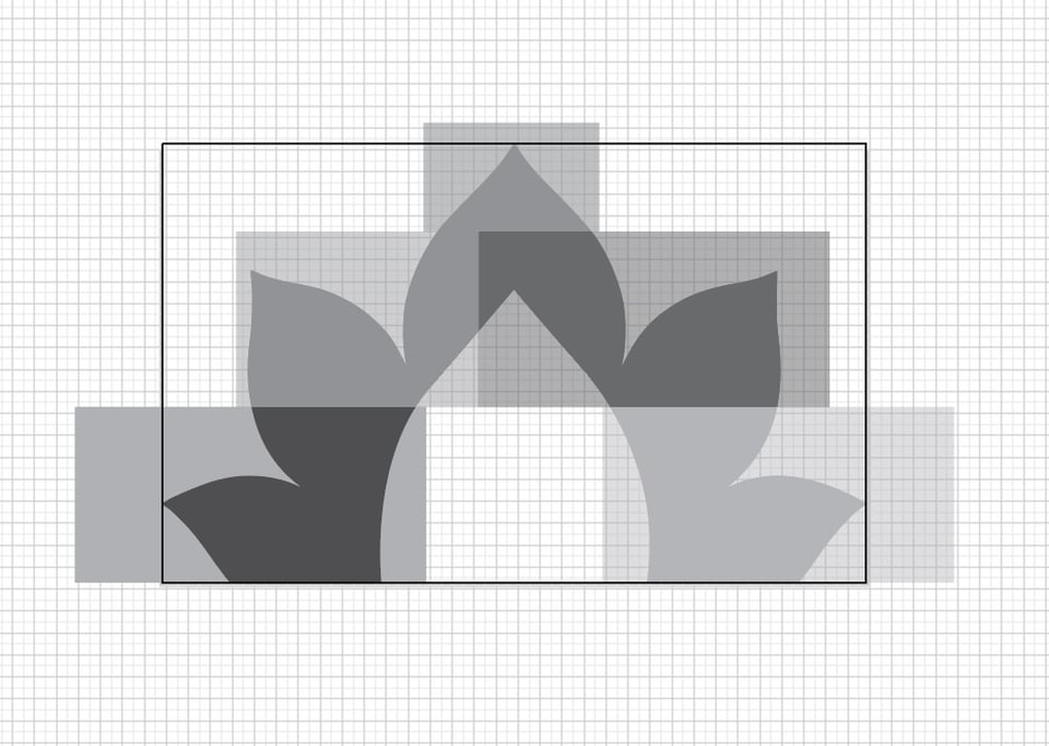 Dark gray mandala arch on top of gray rectangles on a grid background