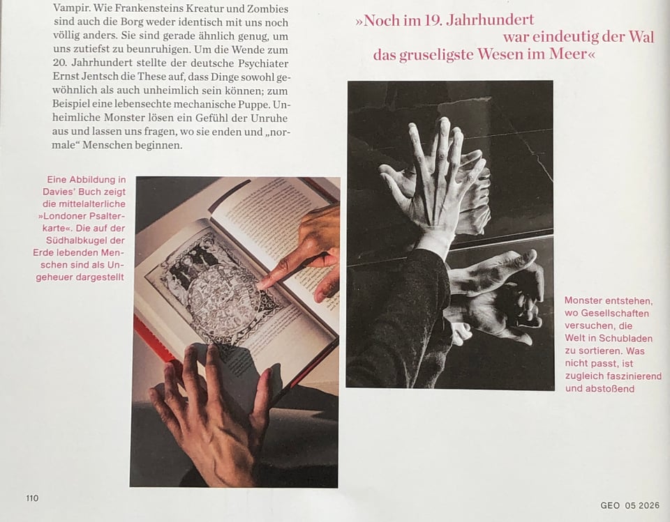 Detail from a German magazine showing two photos and part of a text column. One photos shows my hands holding open a copy of HUMANS at the page with an illustration of a medieval world map (the 13th-century English Psalter map). The other photos shows my hands, menacingly multiplied with mirrors. There’s a quotation and two details captions in pink.