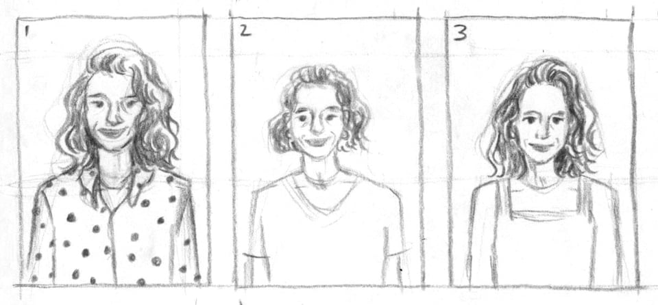 Sketches by Cydney Cherepak of three options for Zrinka Buljubašić's portrait
