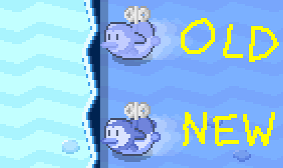 A comparison of two color schemes for a pixel art ice penguin sliding on some ice. The newer color scheme is easier to see.