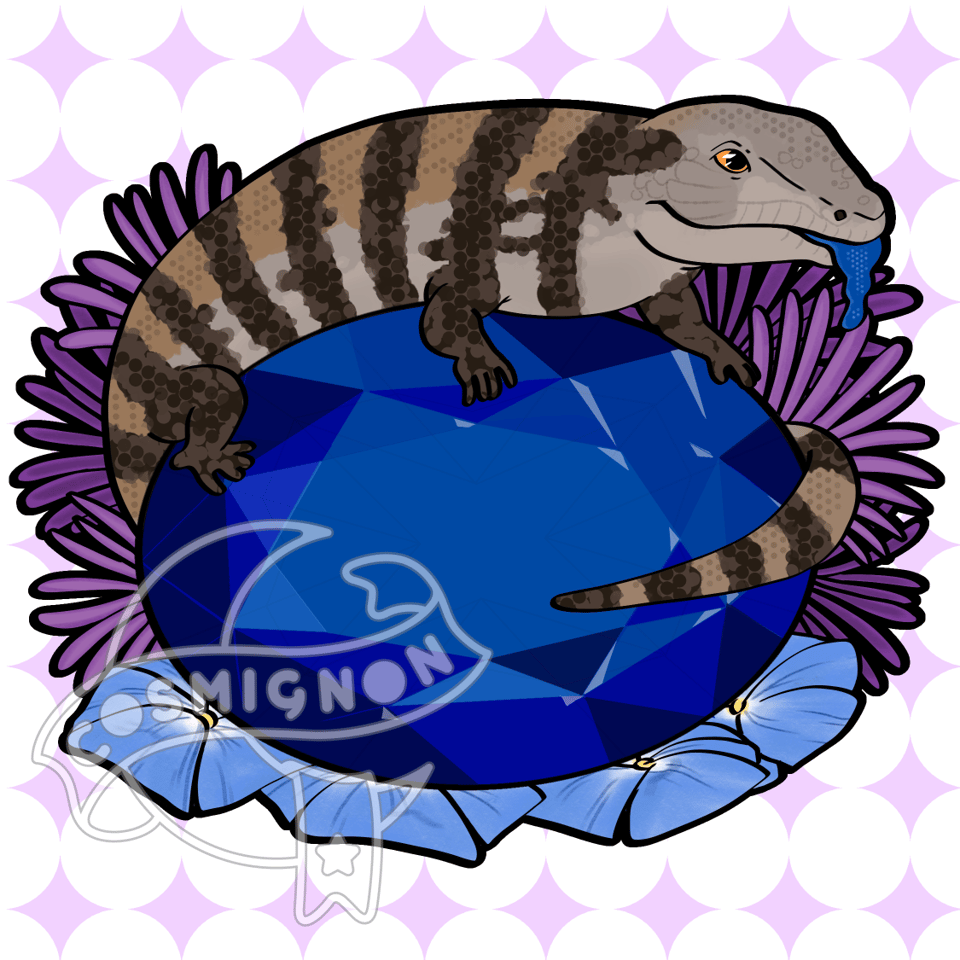 An illustration of a blue-tongued skink resting on top of a cut sapphire. The gem sits on a group of morning glories and is framed on either side by asters.