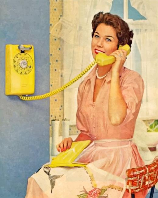 According to the caption, this is apparently a paint-by-numbers painting of a 1950s woman using a yellow wall-mounted phone with a rotary dial. In her lap is her metal address book. These opened like a giant flip phone to reveal the alphabetized cards inside, where you'd write all your phone numbers, but the cool thing was that there was a slider on the side that you could move to the letter of the alphabet you were looking for so that when you opened it that's the card you were looking at. I'm not doing a very good job of explaining it but given that it's technology that nobody will ever see again that's not much of a tragedy. You know what IS a tragedy? No more banana-yellow wall phones.