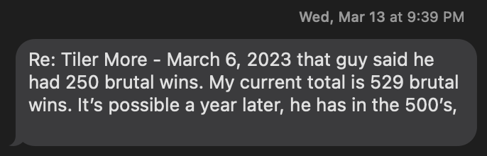 Text from Kyle's mom asking how many wins "that guy" has