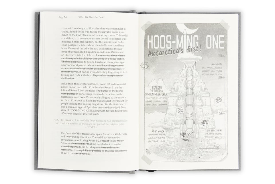 Photograph of two pages from the novel What We Owe the Dead, with an illustration on one page of the megastructure that the characters live in
