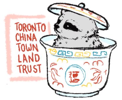 Illustrated raccoon in a teacup with Toronto Chinatown Land Trust written beside it.