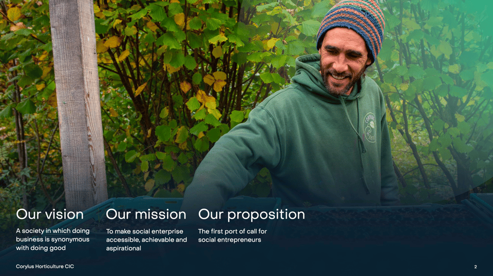 Screenshot of a page from a document. There is a photograph of a man working in some woodland. Overlaid on the image is the following text:

Our vision: A society in which doing business is synonymous with doing good.
Our mission: To make social enterprise accessible, achievable and aspirational
Our proposition: The first port of call for social entrepreneurs