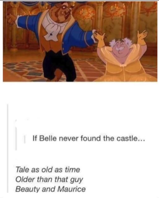 still of the ballroom scene from Disney's Beauty and the Beast (1991), but Maurice has been photoshopped into the yellow ballgown instead of Belle. Text reads,