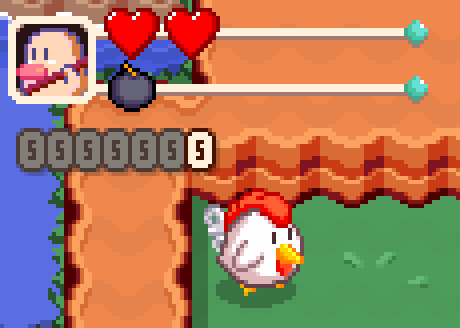 my game's old HUD. some small heart and bomb icons are in the top-left corner of the screen