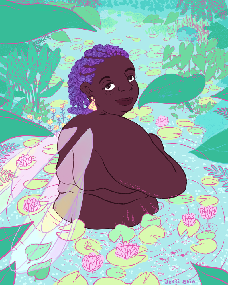 An illustration in progress at the flat color stage. The piece is of a fat, disabled, dark-skinned Black dragonfly fairy with Crouzon Syndrome; her purple gradient hair is braided back, and she looks back over her shoulder directly at the viewer with big beautiful eyes. Her wings are iridescent. She wades in a pool of water filled with water lily pads and framed by a variety of luscious plants in various shades of green. A dragonfly perches nearby on a fantastically large leaf of a plant, and tadpoles swim near the fairy in the foreground. The colors aren't complete, and most of the line art remains in the original shades of pink and teal.