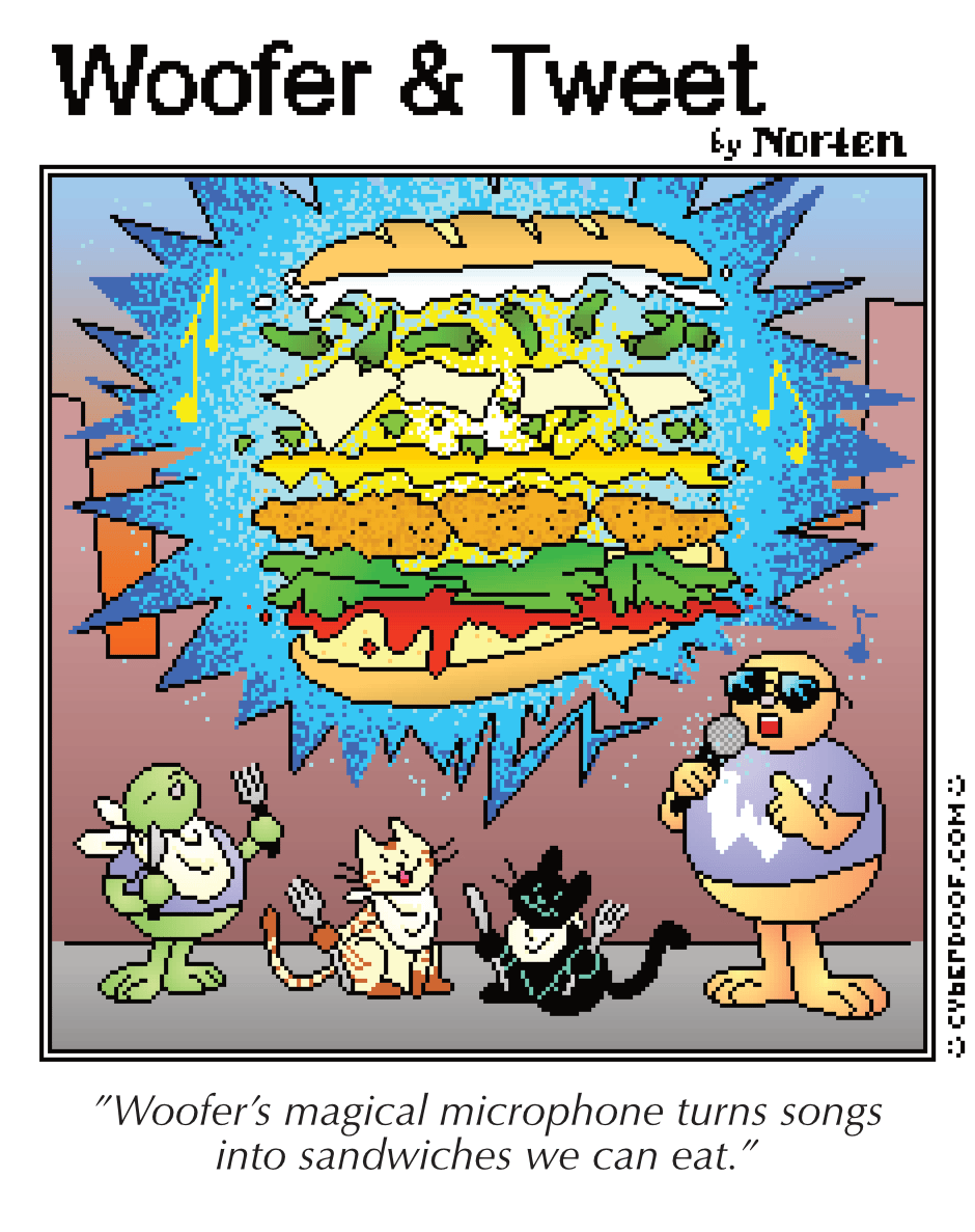 A colorful cartoon depicting a giant sandwich magically appearing with Tweet, two cats, and Woofer singing into a microphone, with the caption "Woofer's magical microphone turns songs into sandwiches we can eat."