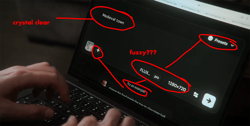 Screenshot from the Black Forest Labs video, where the prompt on the laptop screen looks suspiciously clear compared to the rest of the text nearby.