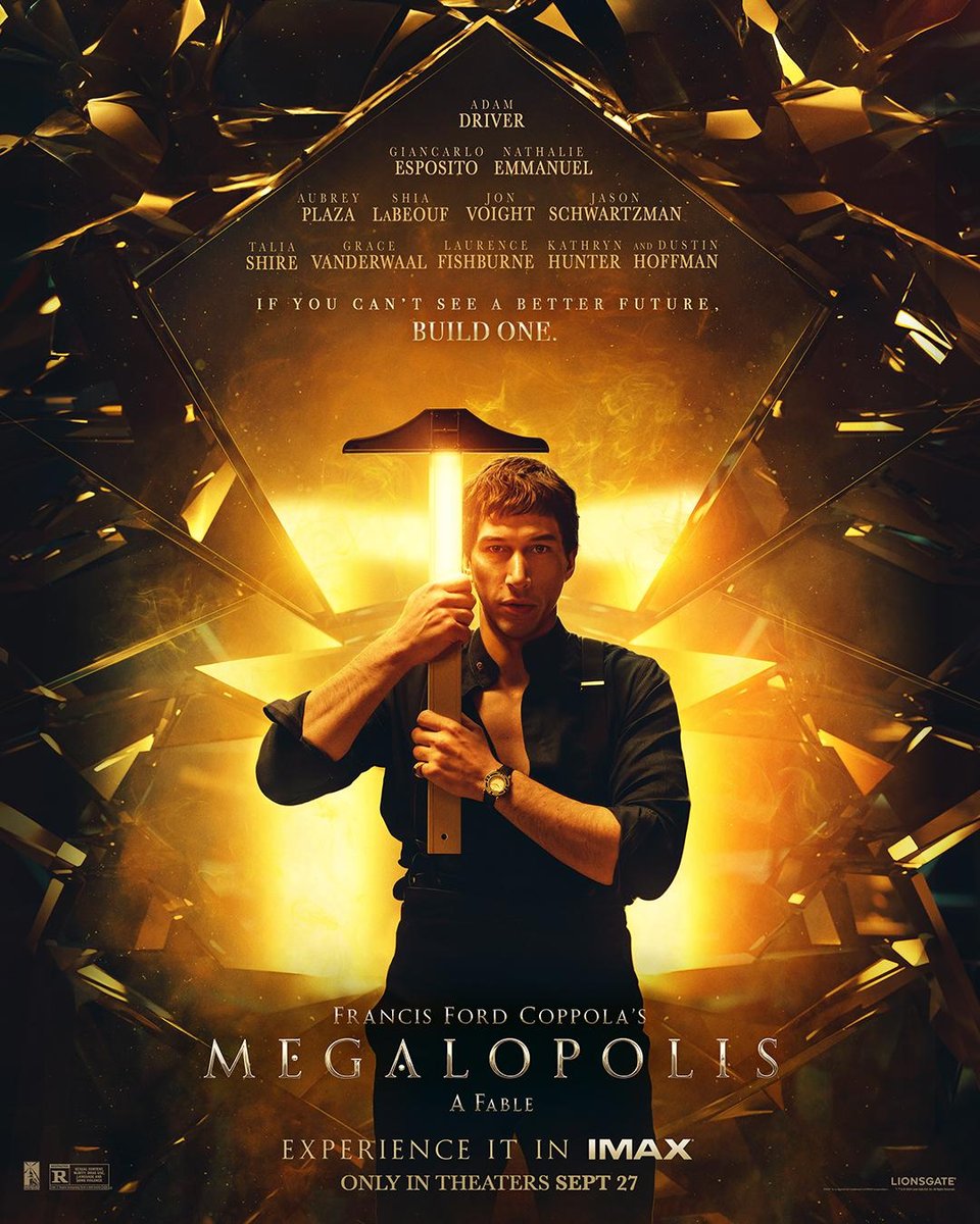Megalopolis (2024) movie poster, featuring Adam Driver against a gold background holding a large t-ruler