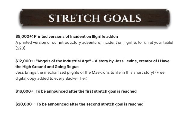A screenshot depicts several stretch goals for Crucible of Aether, a mystic-industrial TTRPG