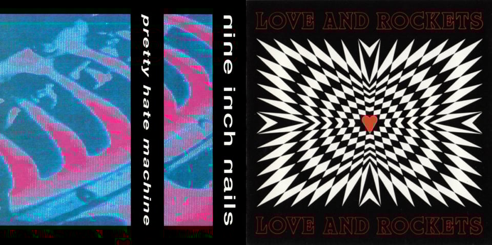 First pic: A digitized photgraph of some kind of machinery. It kinda looks like "Predator Vision" but the colors are blue and pink. It could be the wheelwell of a motorcycle? Maybe an engine? A close up of an indoor fan? No idea. Second pic: This one is hard for me to describe. Imagine a chessboard, only warp it so that the squares are more like diamonds, pointing towards the center. Four of the black squares, in the "north," "south," "east" and "west" positions have been warmped into arrows, also pointing towards the center. In the center is a red heart. It's a little more intricate than that but that's the best I can do.