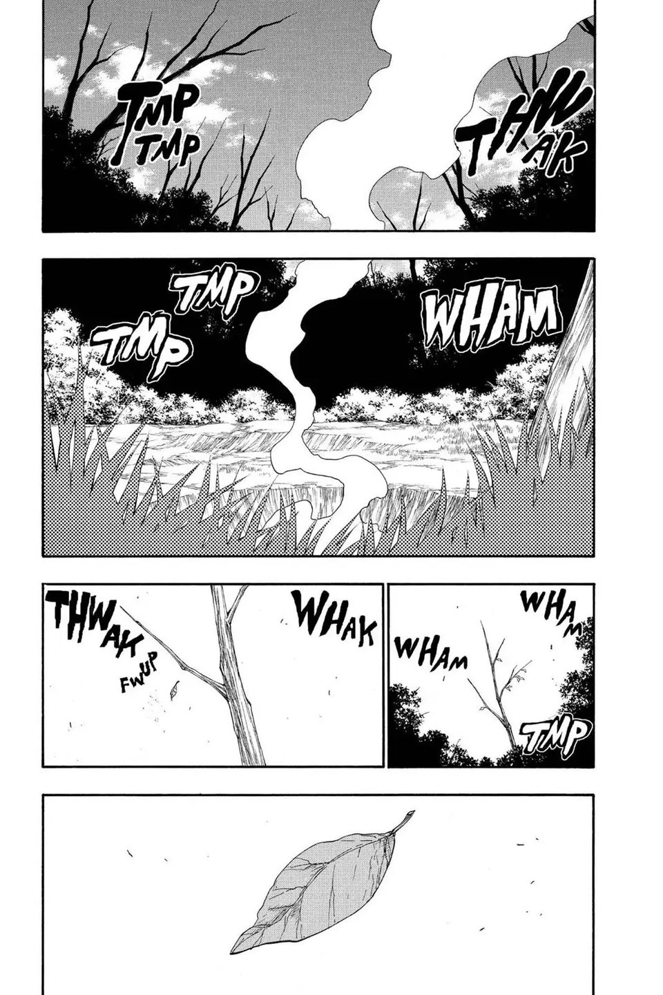 We see smoke rising in woods, panning down closer to the source; we zoom into a dead tree, a single leaf gently falling from it.