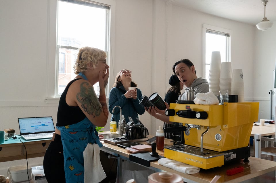 Dan pretending to evaluate Beth’s coffee offerings.